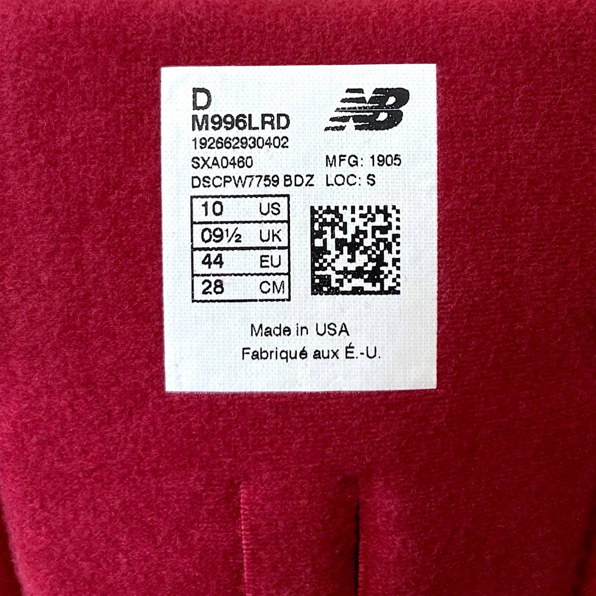 国内正規品 展開店舗限定 USA製 NEW BALANCE M996LRD RED×WHITE US10D 28cm スウェード 新品 アメリカ製 米国製 赤/白の画像4
