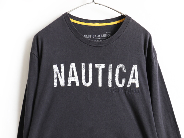 大きいサイズ XL ■ NAUTICA JEANS CO ノーティカ ビッグロゴ プリント 長袖 Tシャツ ( メンズ 男性 ) 古着 ロンT 刺繍 ロゴT 濃灰 グレー_画像2