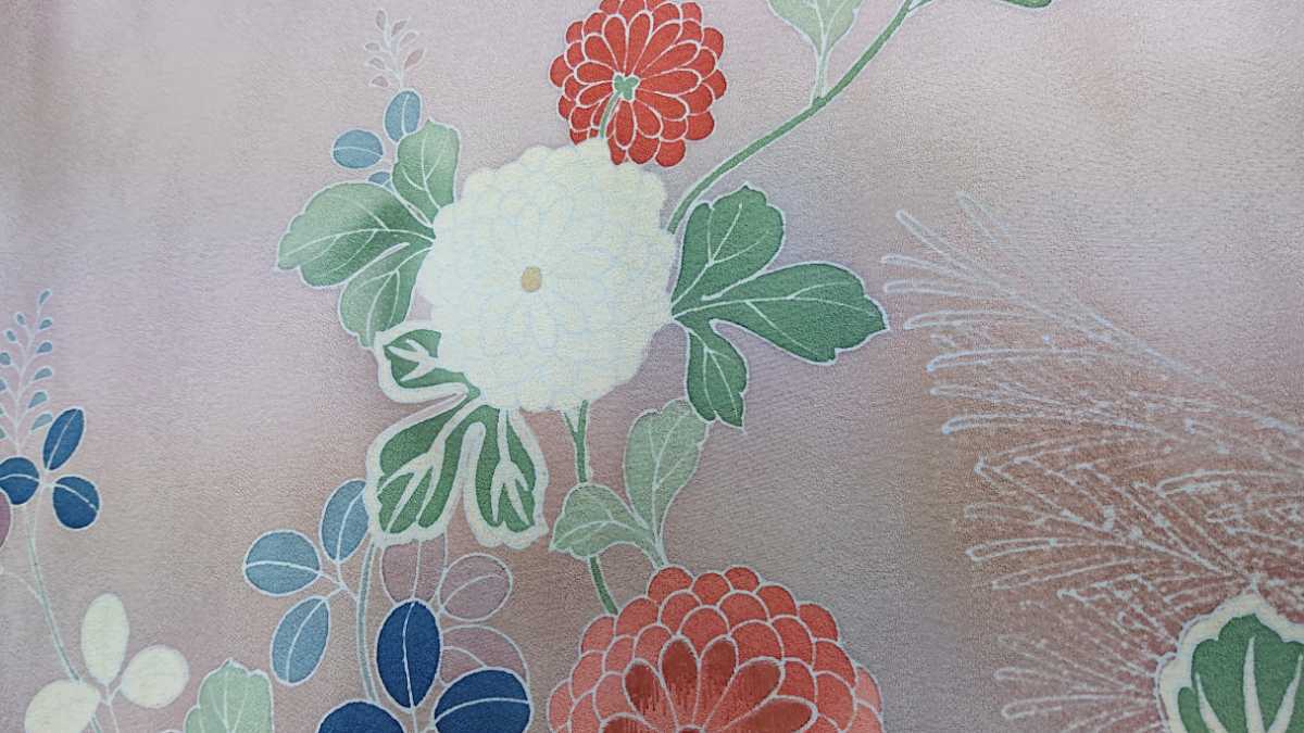 新品　手描き附下げ　着尺　14　薄い藤色系　草花に鴛鴦柄　丹後ちりめん　正絹　未仕立て　未使用　オシャレ着　古布　リメイク はぎれ　_画像6