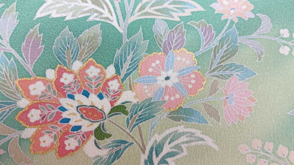 新品 附下げ 着尺 15グ リーン系 花草文様 浜ちりめん 正絹 未仕立て