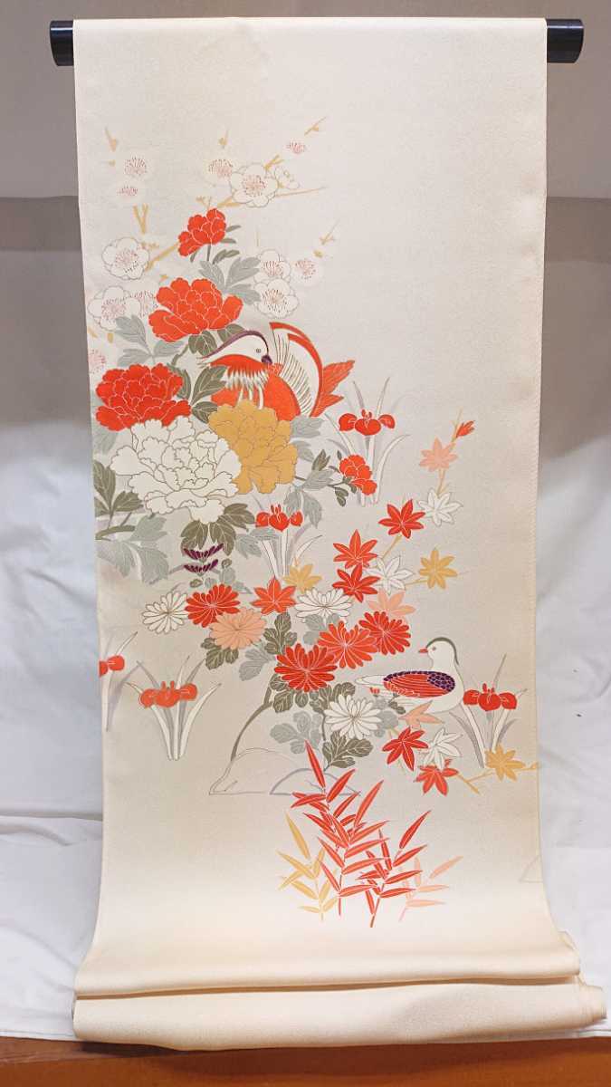 新品　附下げ　手描き　寿光織　着尺　16　オフホワイト系　花草鳳凰文様　ちりめん　正絹　未仕立て　未使用　　古布　リメイク はぎれ　_画像1