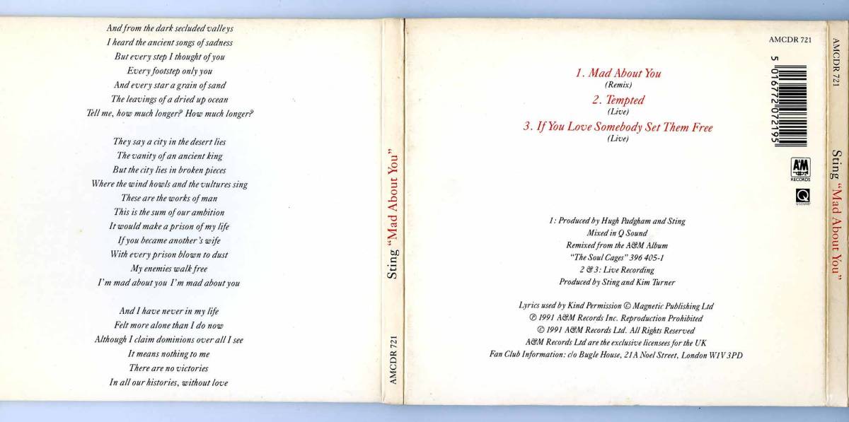 Sting（スティング）CDシングル「Mad About You」UK盤オリジナル デジパック AMCDR 721 限定盤シリアル番号付き 03247_画像5