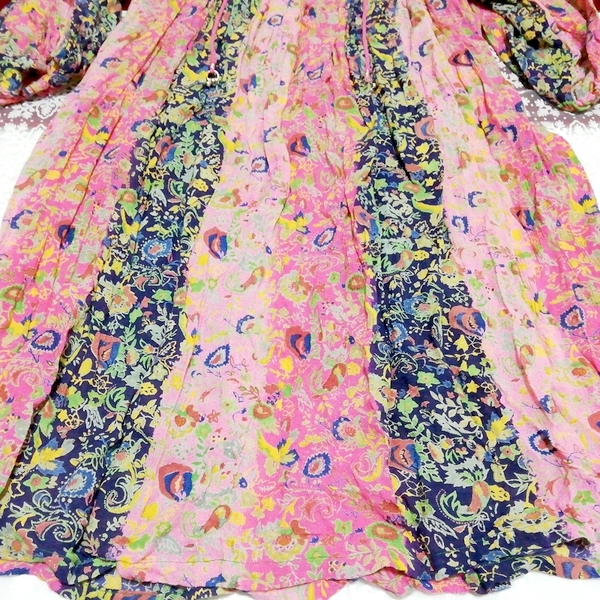 ピンク青エスニック柄長袖ネグリジェチュニックワンピース Pink blue ethnic pattern long sleeve negligee tunic dress
