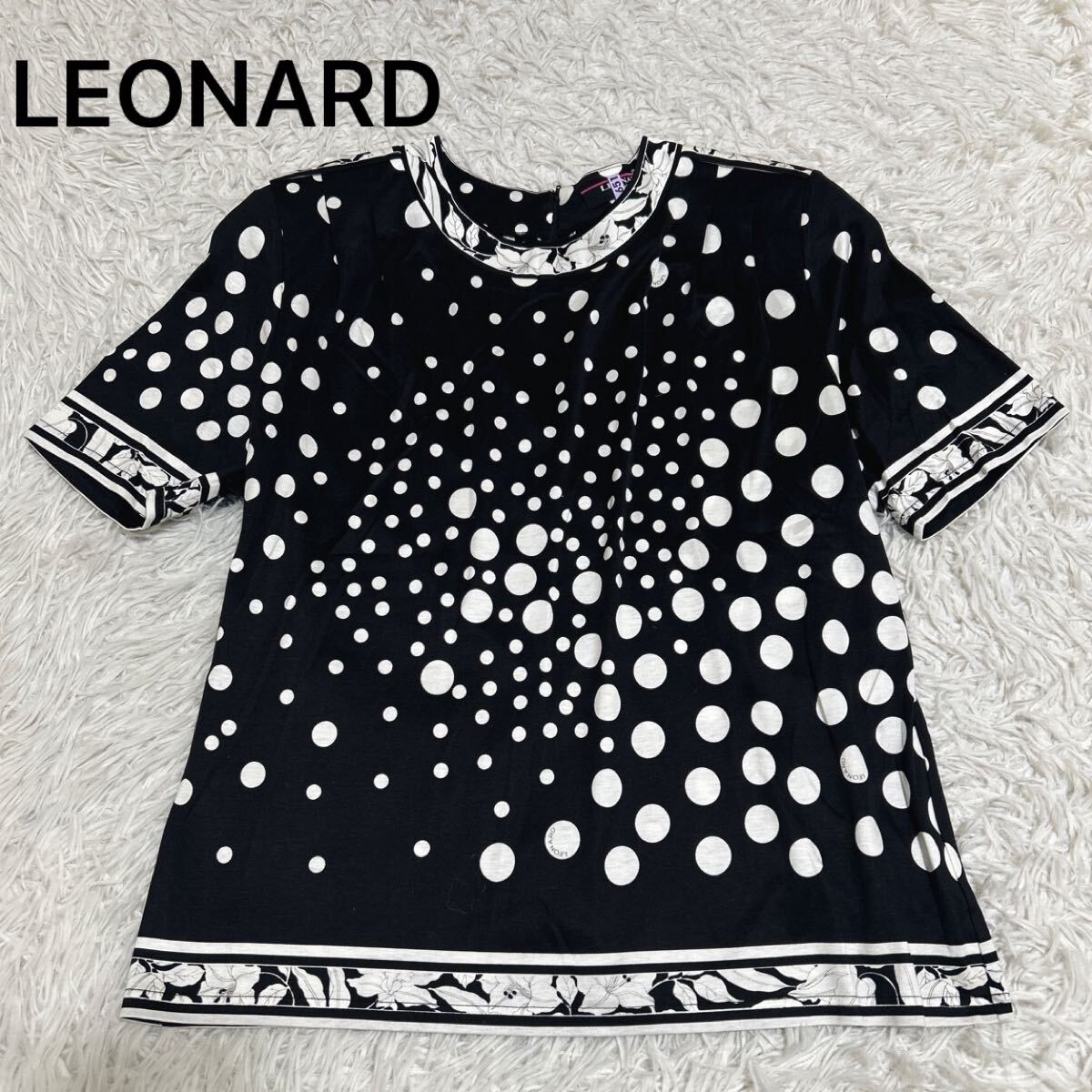 LEONARD レオナール カットソー トップス 半袖 総柄 ドット柄 ランダムドット 上品 高級感 半袖カットソー ブラック 黒 LLサイズ_画像1