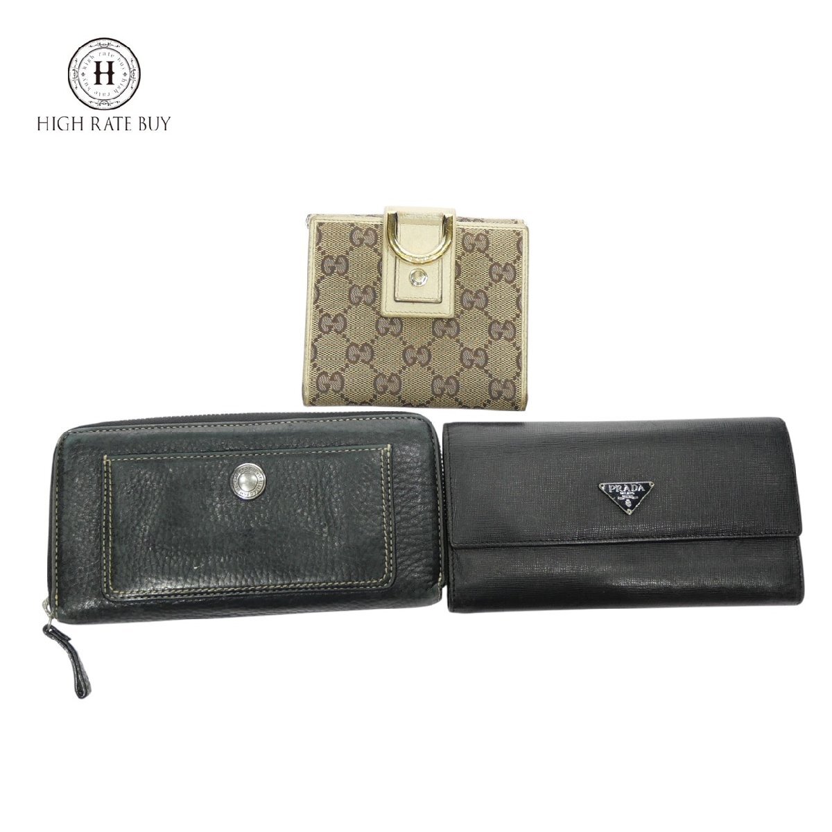 1円スタート 財布 まとめ3点セット PRADA プラダ GUCCI グッチ 等 二つ折り 三つ折り 長財布 三角ロゴプレート GG柄 レザー キャンバス_画像1