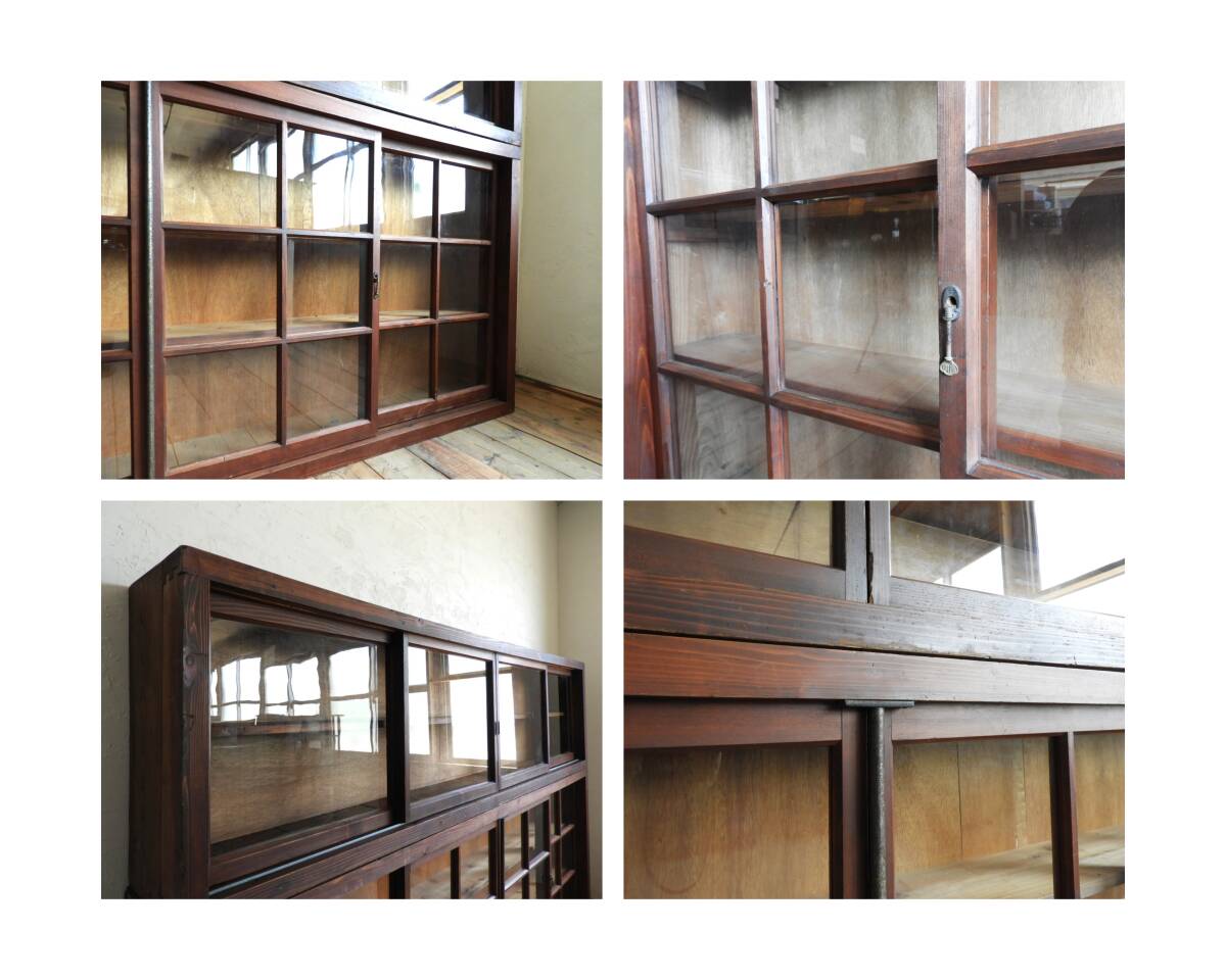 アンティーク W2600mm 特大 2段重ねの大きいガラスケース キャビネット 飾り棚 陳列棚 食器棚 大正ロマン 映画撮影 備品 レトロ 094 [M]_画像4
