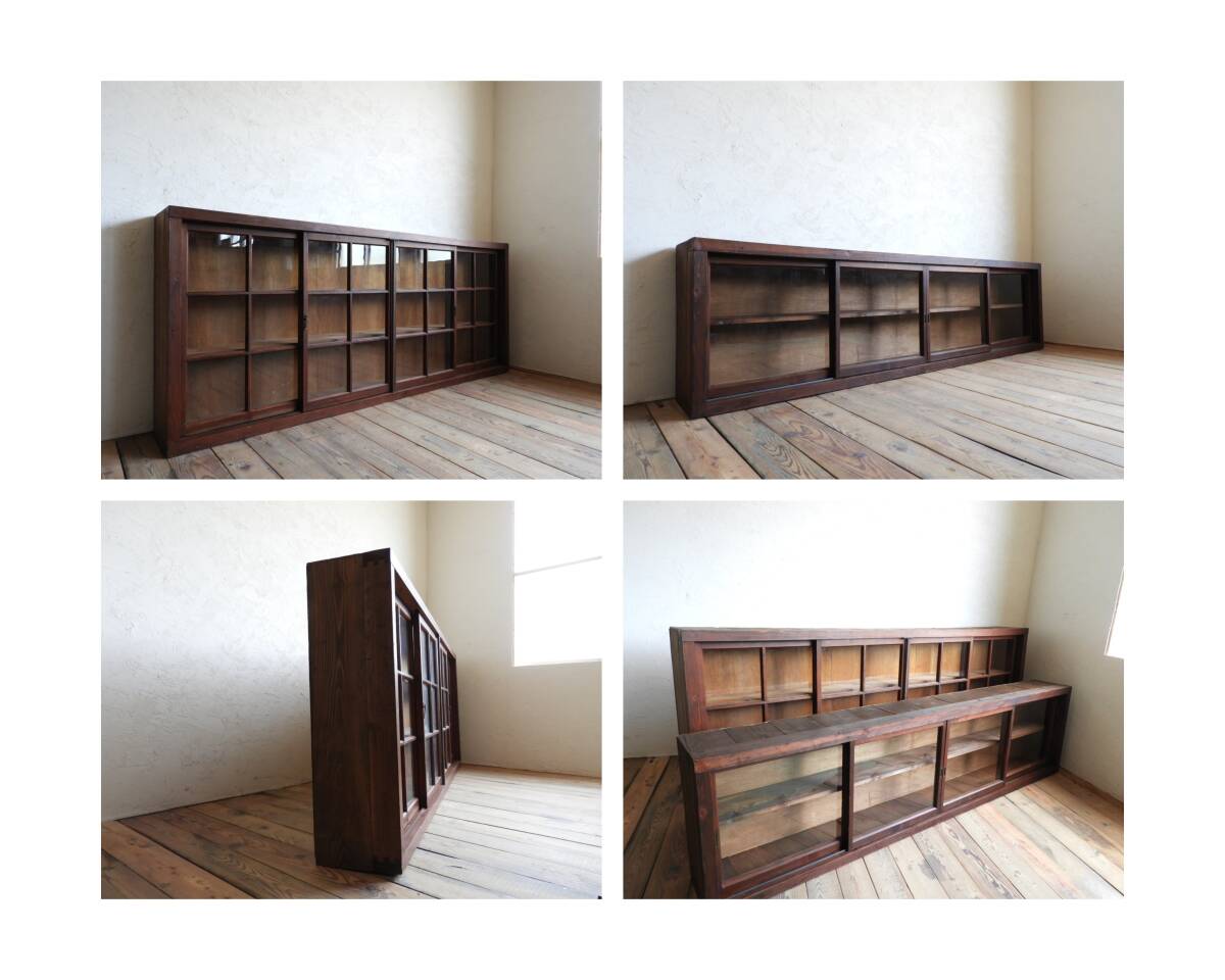 アンティーク W2600mm 特大 2段重ねの大きいガラスケース キャビネット 飾り棚 陳列棚 食器棚 大正ロマン 映画撮影 備品 レトロ 094 [M]_画像6