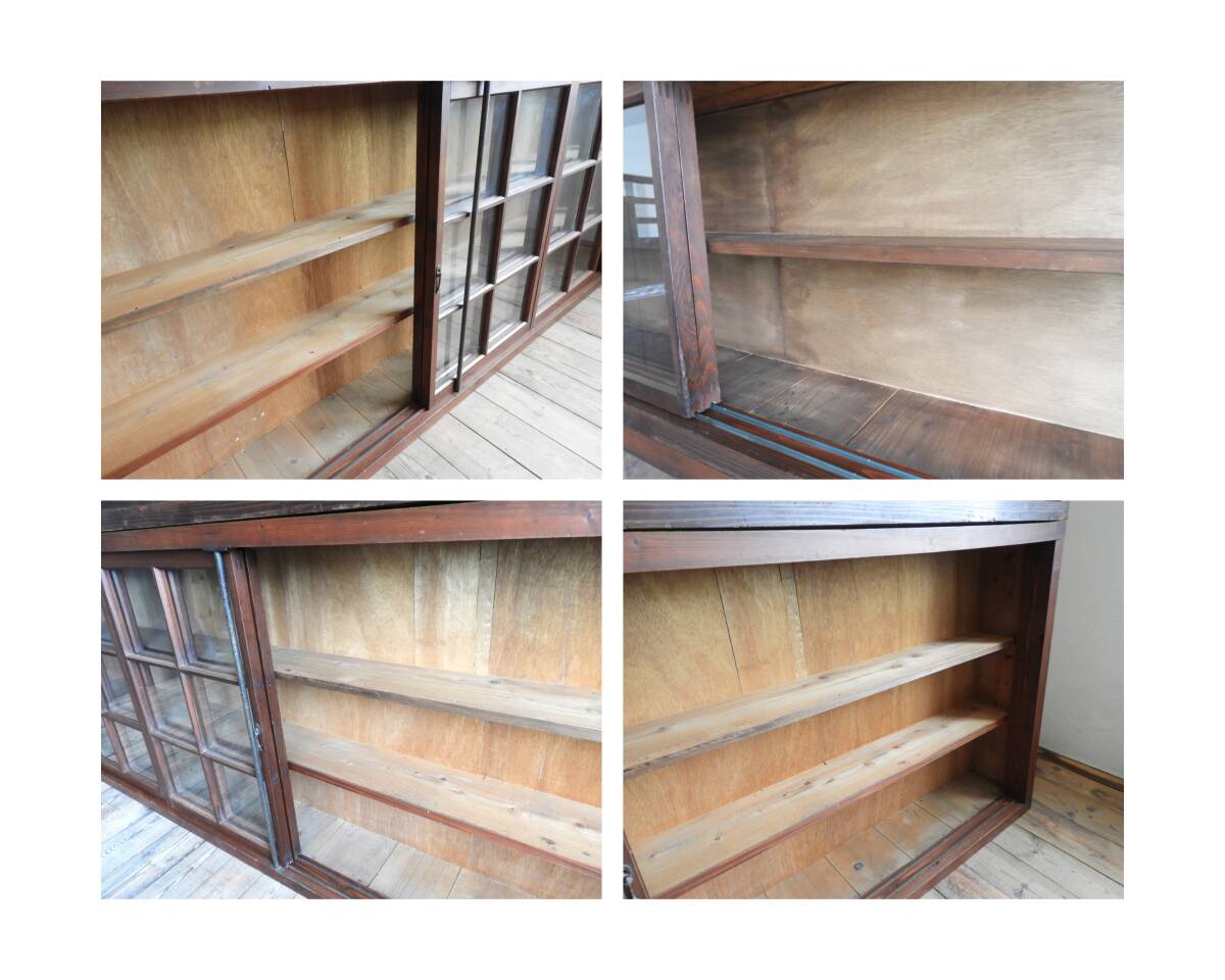 アンティーク W2600mm 特大 2段重ねの大きいガラスケース キャビネット 飾り棚 陳列棚 食器棚 大正ロマン 映画撮影 備品 レトロ 094 [M]_画像5