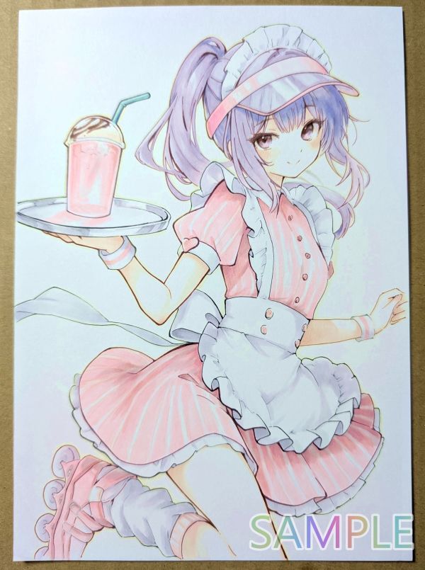[A5 исходная картина ] ручные иллюстрации [ мелкие сколы от камней .. розовый . ролик meido] прекрасный девушка симпатичный ko pick один пункт было использовано аналог 