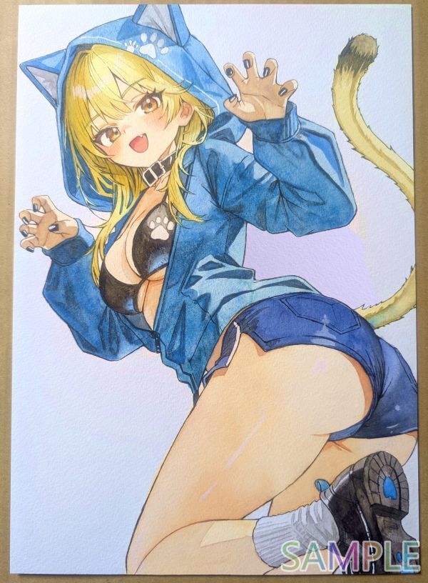 [A4 исходная картина ] кошка ушко (уголок) . ручные иллюстрации [....., начало ...] прекрасный девушка оригинал один пункт предмет симпатичный акварель аналог 