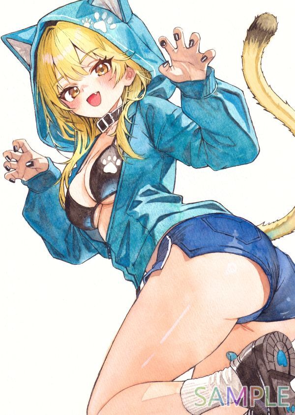 [A4 исходная картина ] кошка ушко (уголок) . ручные иллюстрации [....., начало ...] прекрасный девушка оригинал один пункт предмет симпатичный акварель аналог 