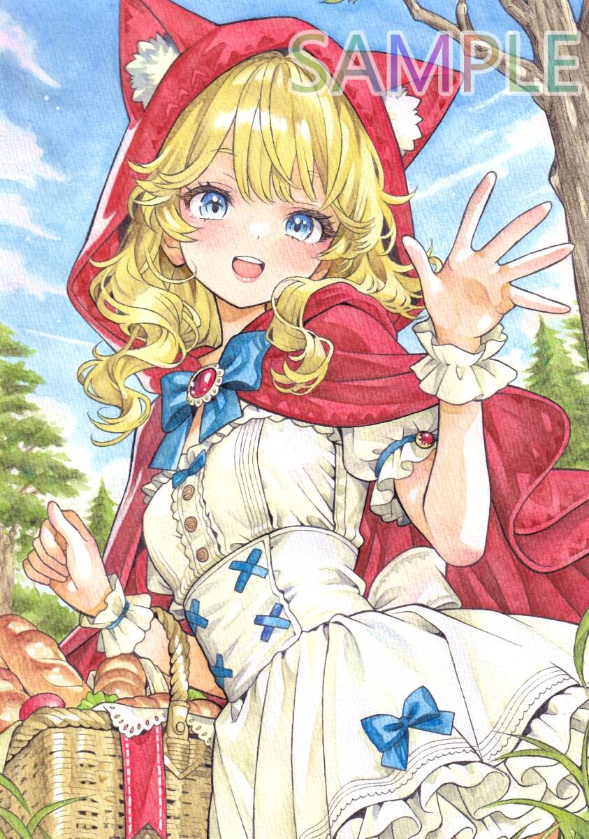 [A4 исходная картина ] ручные иллюстрации [ красный ...,.... день мир ] прекрасный девушка красный ... кошка ушко (уголок) капот симпатичный акварель один пункт было использовано аналог 