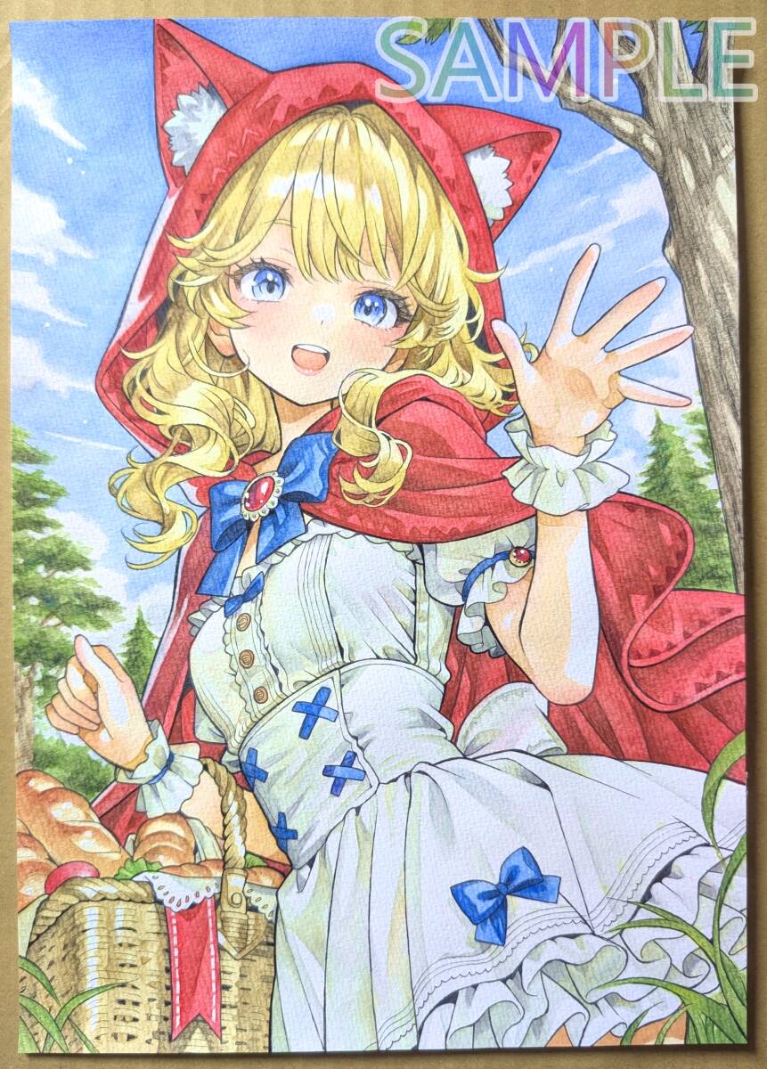 [A4 исходная картина ] ручные иллюстрации [ красный ...,.... день мир ] прекрасный девушка красный ... кошка ушко (уголок) капот симпатичный акварель один пункт было использовано аналог 