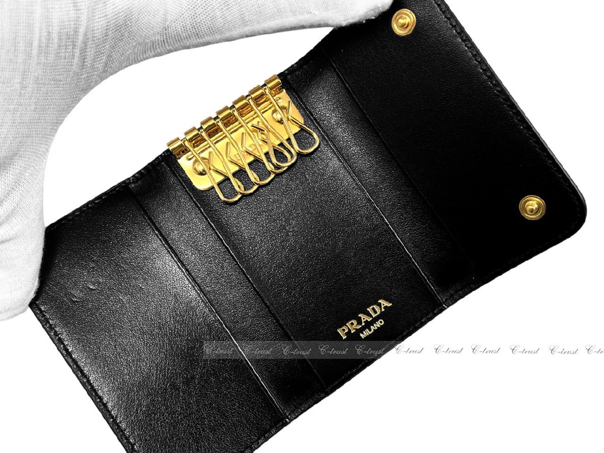 L719.. PRADA Prada чехол для ключей брелок для ключа VITELLO MOVE I 6 полосный кожа крюк Logo * черный 