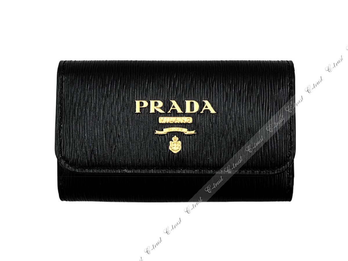 L719.. PRADA Prada чехол для ключей брелок для ключа VITELLO MOVE I 6 полосный кожа крюк Logo * черный 