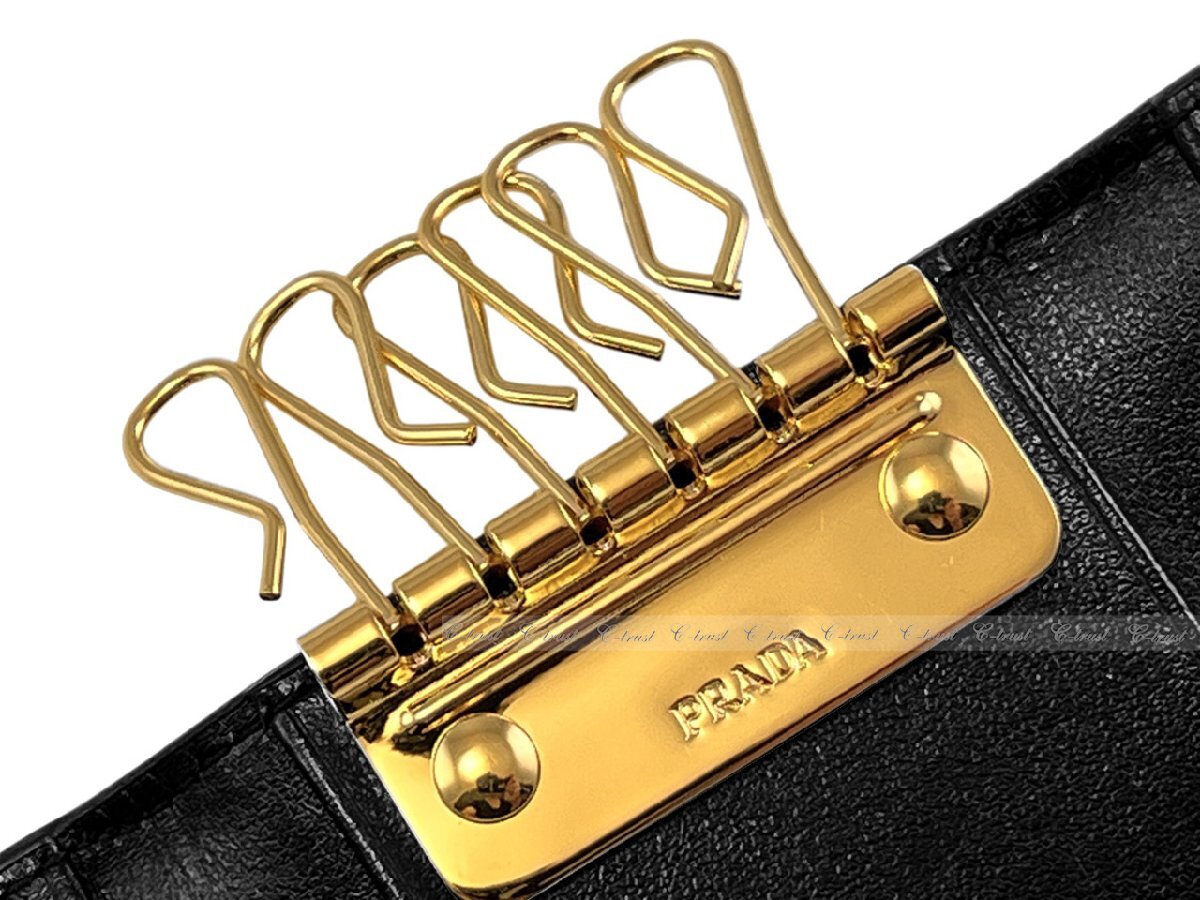 L719.. PRADA Prada чехол для ключей брелок для ключа VITELLO MOVE I 6 полосный кожа крюк Logo * черный 