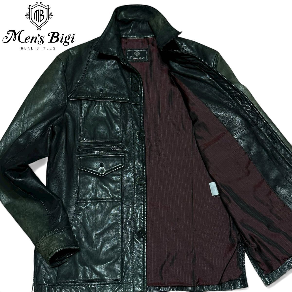 【極上のラムレザー】メンズビギ ラムレザー ジャケット シングルライダース 羊革 本革 シープスキン アウター ブルゾン 02 黒 MEN'S BIGI_画像1