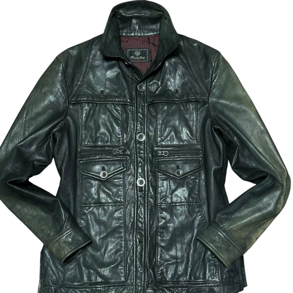 【極上のラムレザー】メンズビギ ラムレザー ジャケット シングルライダース 羊革 本革 シープスキン アウター ブルゾン 02 黒 MEN'S BIGI_画像2
