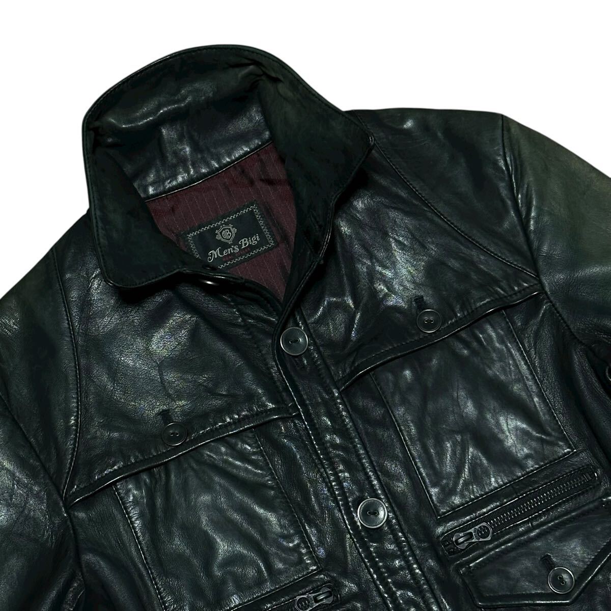 【極上のラムレザー】メンズビギ ラムレザー ジャケット シングルライダース 羊革 本革 シープスキン アウター ブルゾン 02 黒 MEN'S BIGI_画像3