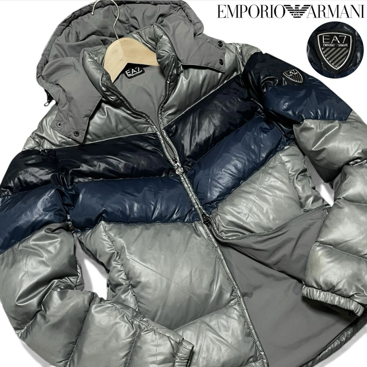 美品/L相当●エンポリオ アルマーニ ダウンジャケット 極暖 ブルゾン ダブルジップ 2way フード着脱 ロゴワッペン 切替　EMPORIO ARMANI_画像1