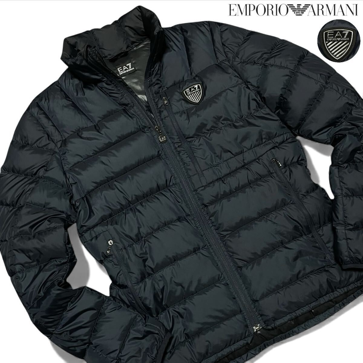 極美品/Lサイズ●エンポリオ アルマーニ ダウンジャケット 極暖 ブルゾン キルティング ロゴワッペン 軽量 ネイビー EMPORIO ARMANI_画像1