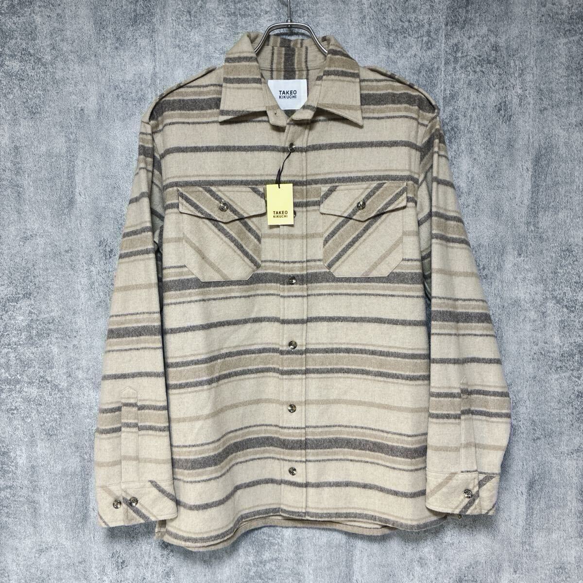 タケオキクチTAKEO KIKUCHI ウールブレンド ボーダーシャツMジャケットウールシャツベージュ系ペンドルトンボートシャツ_画像2