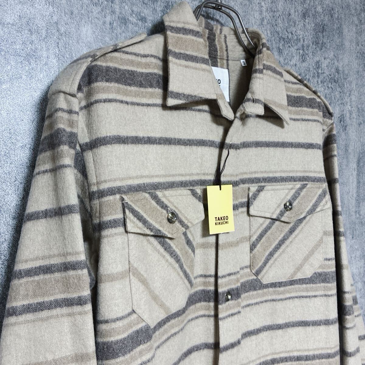 タケオキクチTAKEO KIKUCHI ウールブレンド ボーダーシャツMジャケットウールシャツベージュ系ペンドルトンボートシャツ_画像4