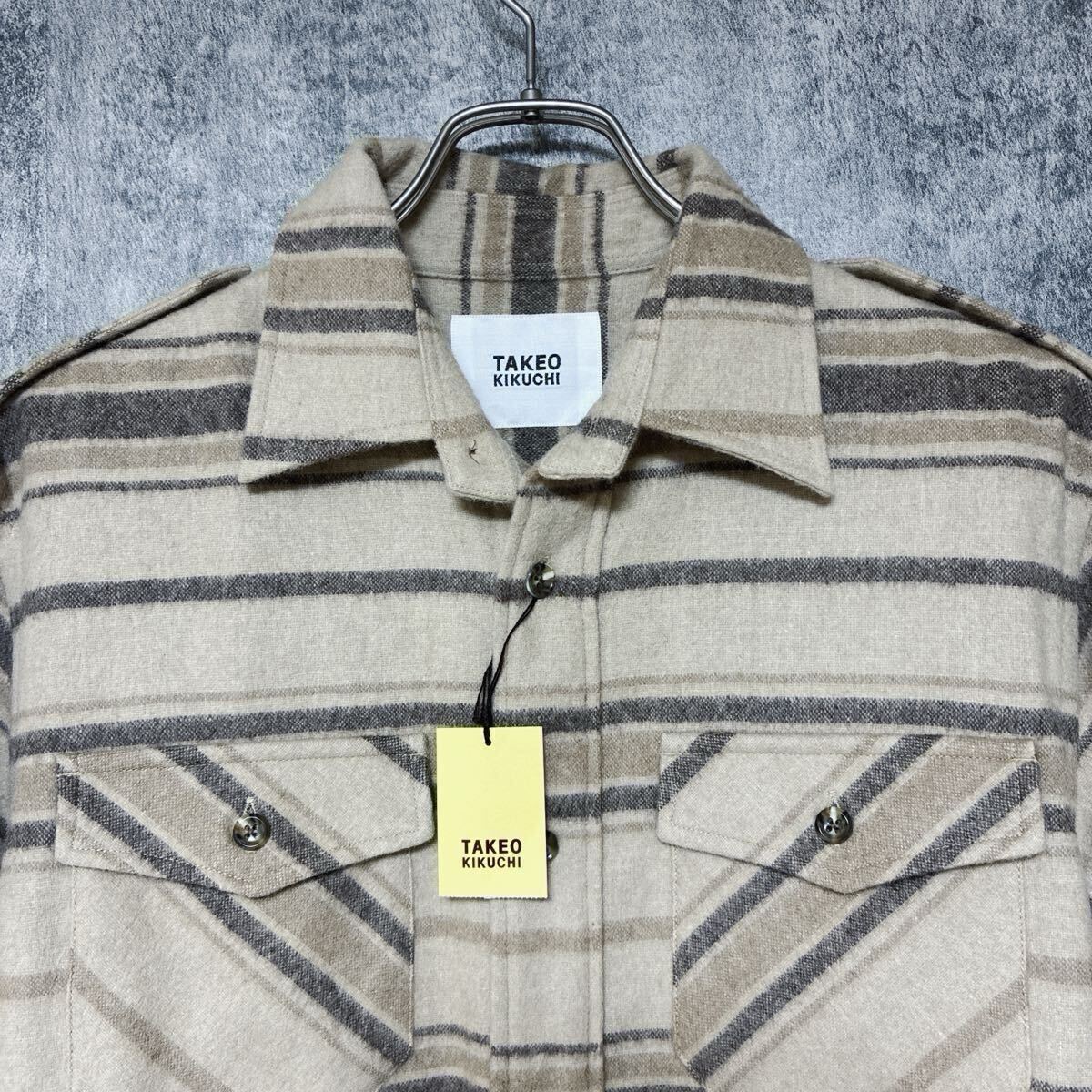タケオキクチTAKEO KIKUCHI ウールブレンド ボーダーシャツMジャケットウールシャツベージュ系ペンドルトンボートシャツ_画像7
