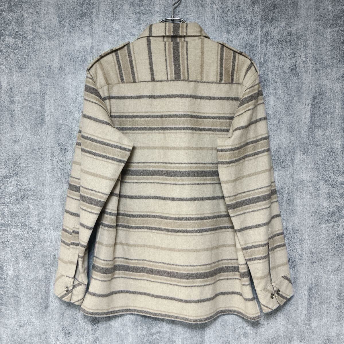 タケオキクチTAKEO KIKUCHI ウールブレンド ボーダーシャツMジャケットウールシャツベージュ系ペンドルトンボートシャツ_画像10