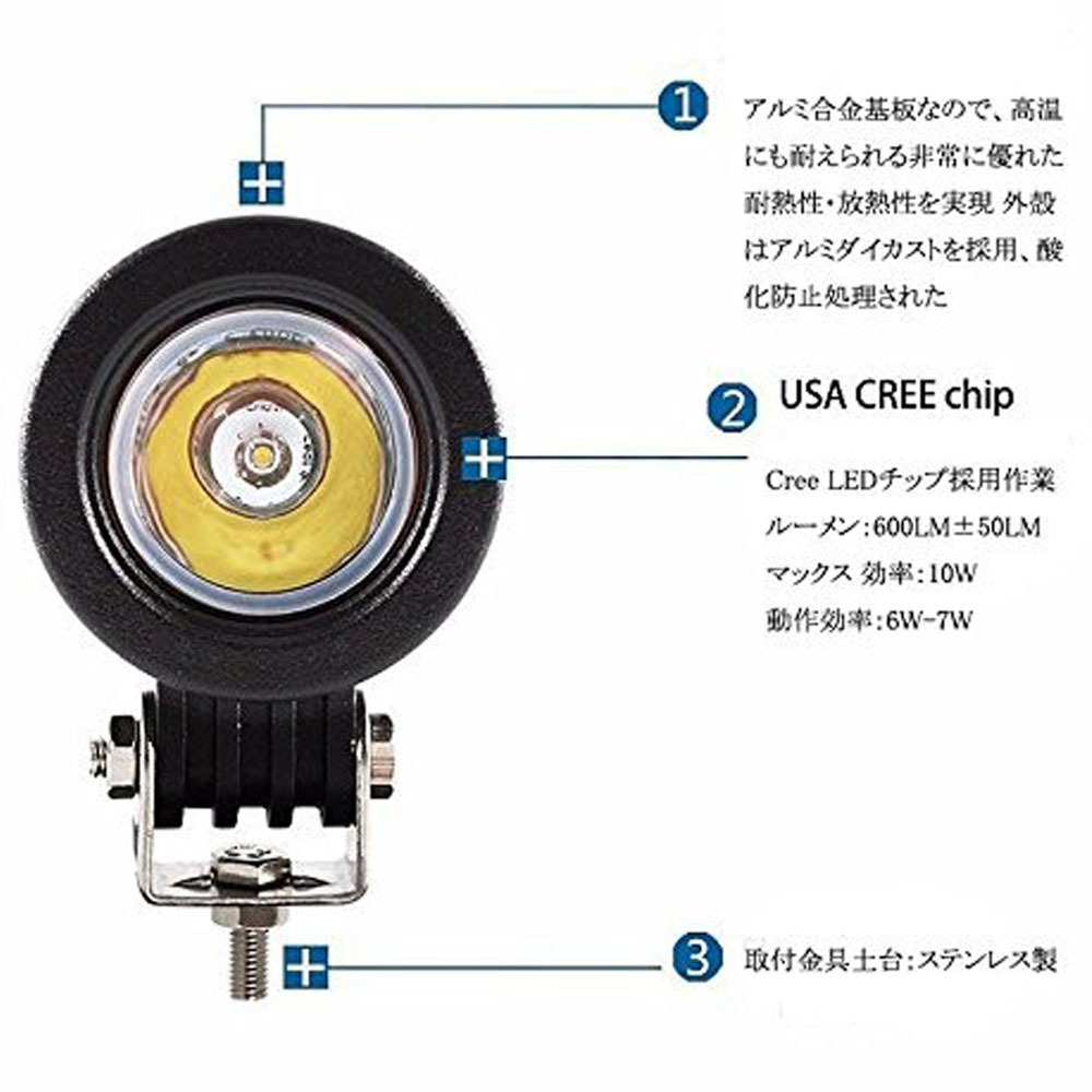 LEDワークライト 作業灯 DC12V/24V兼用 10W 700ルーメン 6000K ホワイト 広角60° 丸型 1連 2個セット 30日保証_画像3