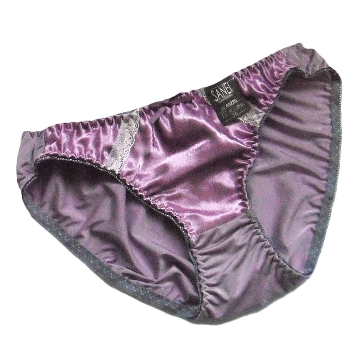 SANEI シンプルワントーン&エレガントサテン ショーツ LL 上品な輝きの光沢感 キラキラ!! リボン&切替レース パンツ パープル 新品送料込_画像3