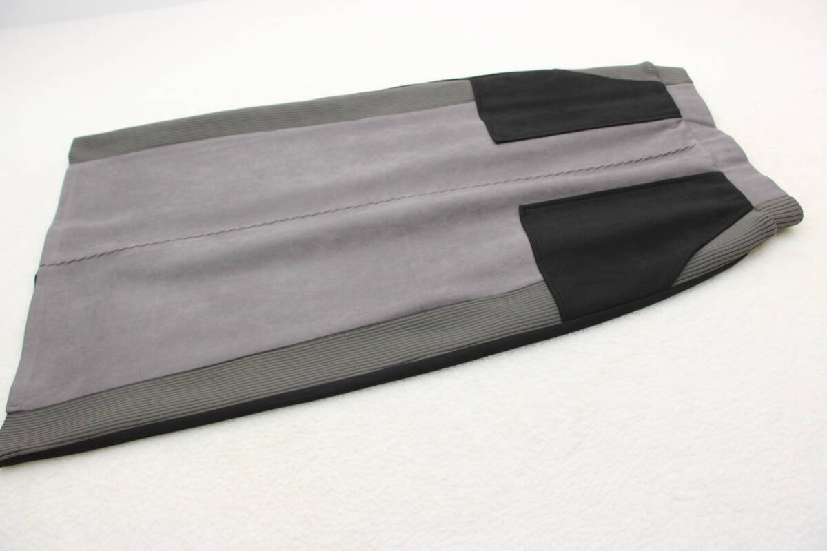 6444 新品 ウエストゴムスエード×リブバイカラータイトスカート グレー×ブラックＦサイズ_画像1