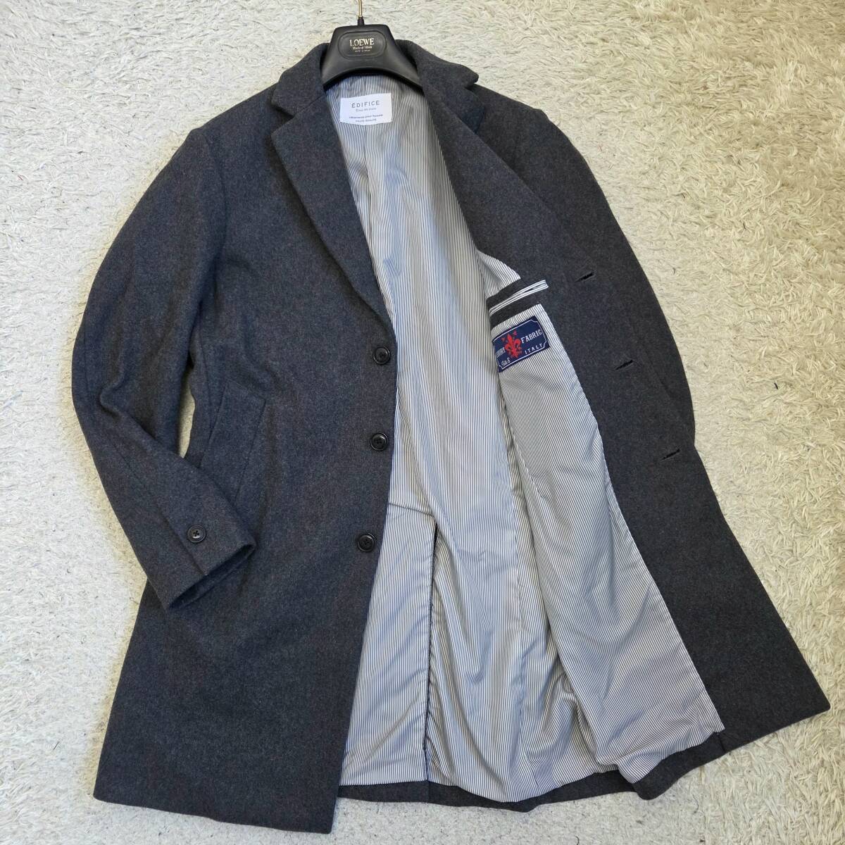 伊製バリス×エディフィス【紳士の自信】BalliS×EDIFICE チェスターコート ロングコート 羽織 アウター ウール グレー 裏地ストライプ M位_画像1