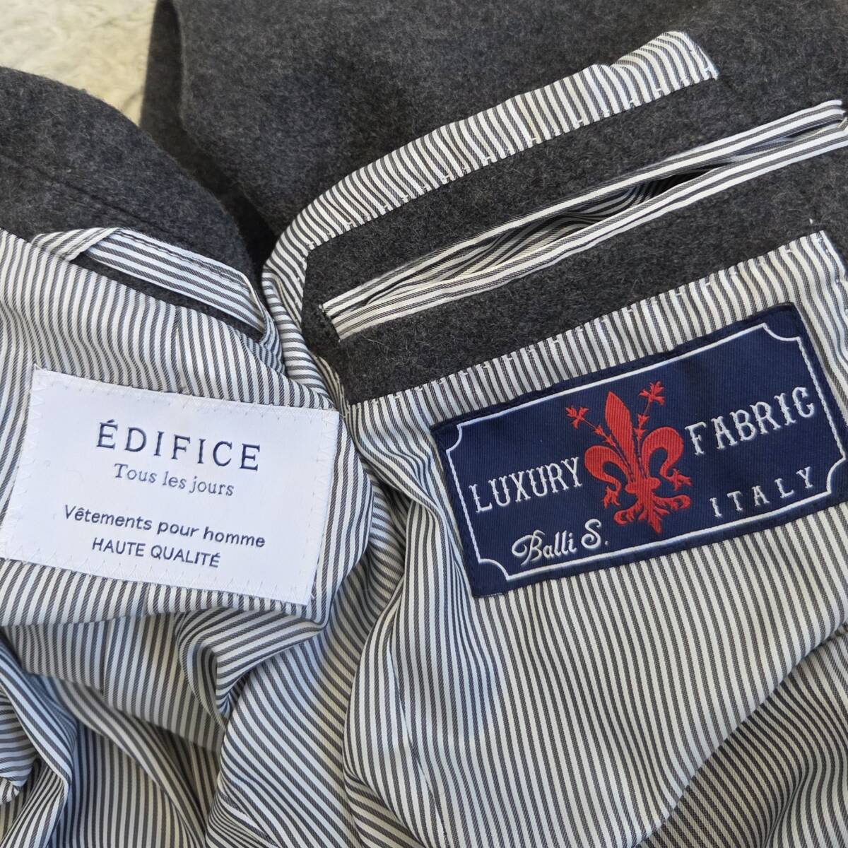 伊製バリス×エディフィス【紳士の自信】BalliS×EDIFICE チェスターコート ロングコート 羽織 アウター ウール グレー 裏地ストライプ M位_画像6