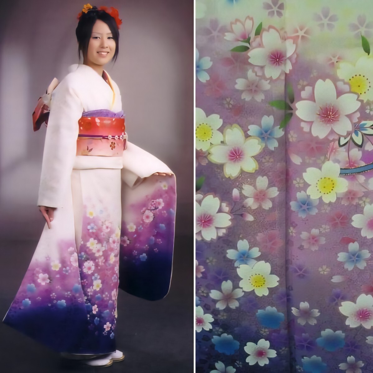 大変お得な フルセット 正絹振袖 白地紫グラデーション桜柄 成人式 卒業式に最適_画像1