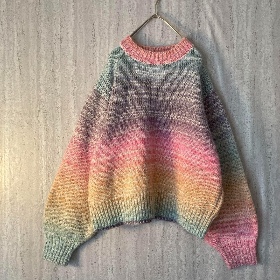 ヴィンテージ ニット カラフル ガーリー レインボー ピンク パープル_画像2