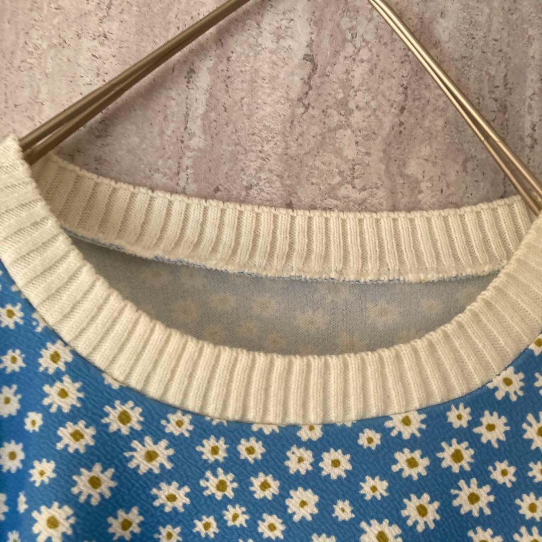 レトロ ニット 半袖 花柄 ガーリー 総柄 ヴィンテージ 水色 クリーム_画像3