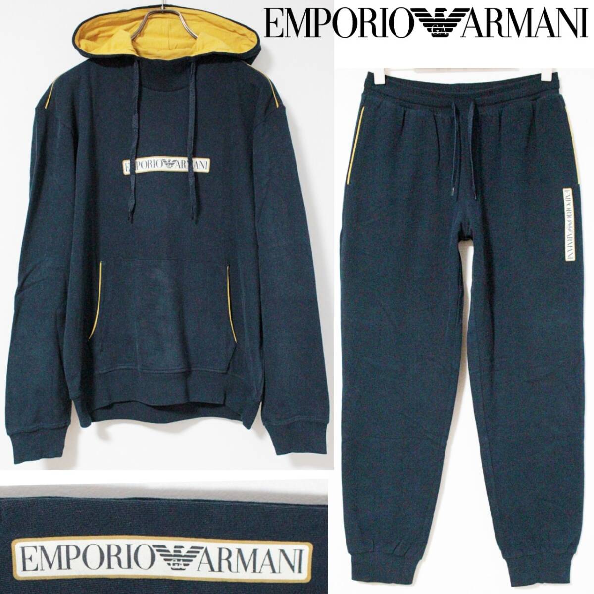 新品未使用 エンポリオアルマーニ ロゴプリント スウェットフーディーXL & パンツLサイズ セット K5885_画像1