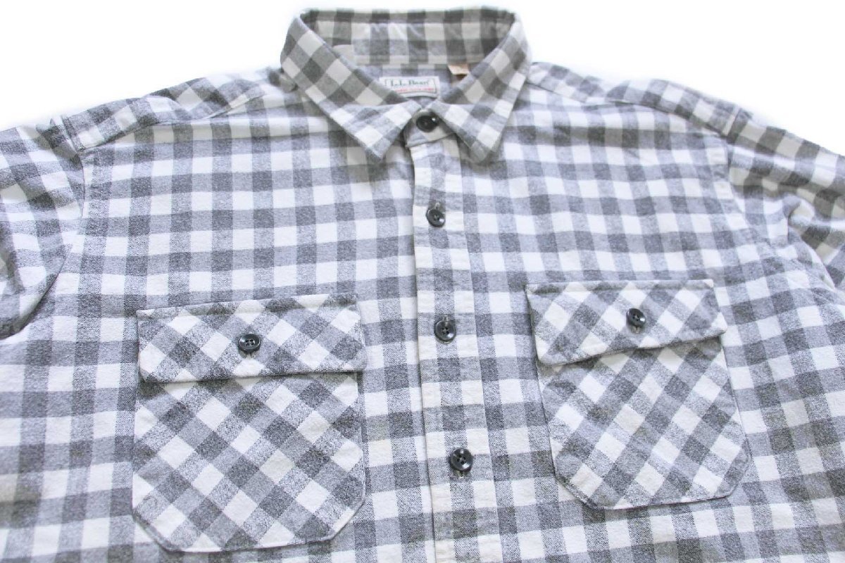 ★80s USA製 L.L.Bean CHAMOIS CLOTH SHIRT ギンガムチェック コットン シャモアクロスシャツ グレー×白 17.5★ビンテージ ビッグサイズ_画像3