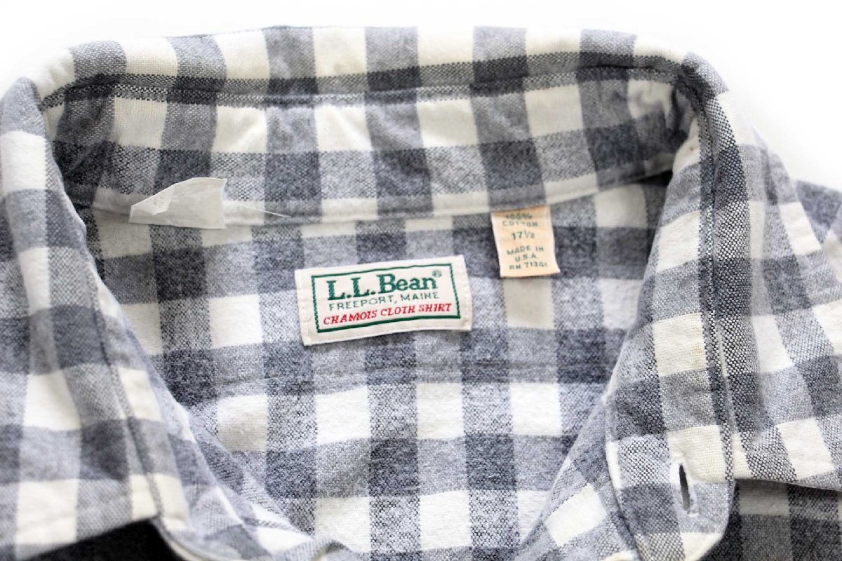 ★80s USA製 L.L.Bean CHAMOIS CLOTH SHIRT ギンガムチェック コットン シャモアクロスシャツ グレー×白 17.5★ビンテージ ビッグサイズ_画像5