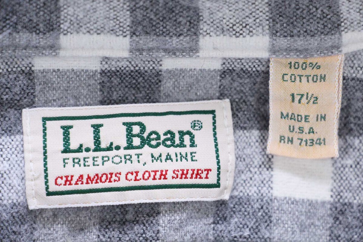 ★80s USA製 L.L.Bean CHAMOIS CLOTH SHIRT ギンガムチェック コットン シャモアクロスシャツ グレー×白 17.5★ビンテージ ビッグサイズ_画像4