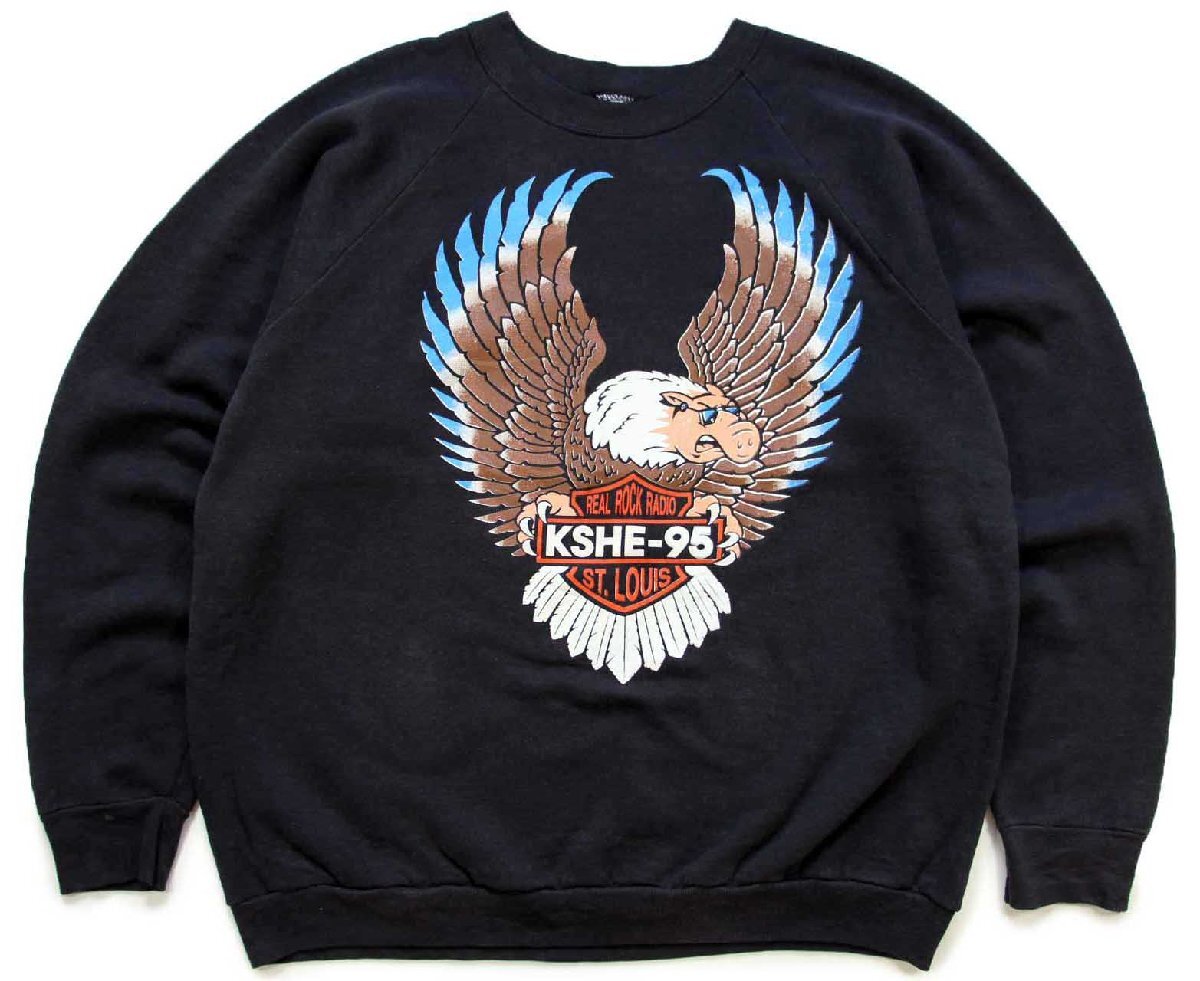 ★80s USA製 KSHE-95 REAL ROCK RADIO ハーレー モチーフ スウェット 黒 フェード XL★ビンテージ HARLEY ラジオ ブラック ビッグサイズ_画像1