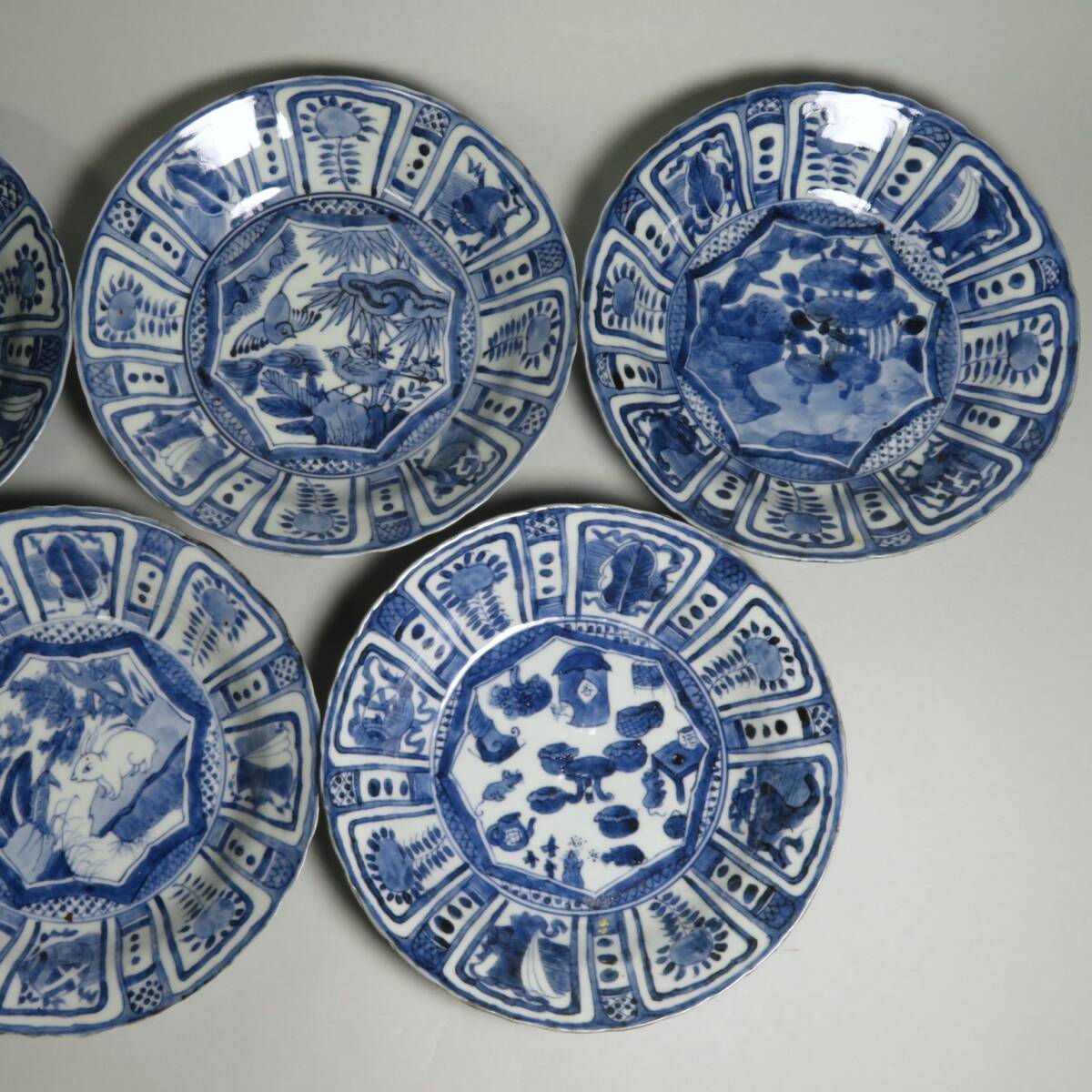 【東】明時代　古染付　芙蓉手青花小皿　5客　中国美術/古美術・骨董品　lot:0110604_画像5