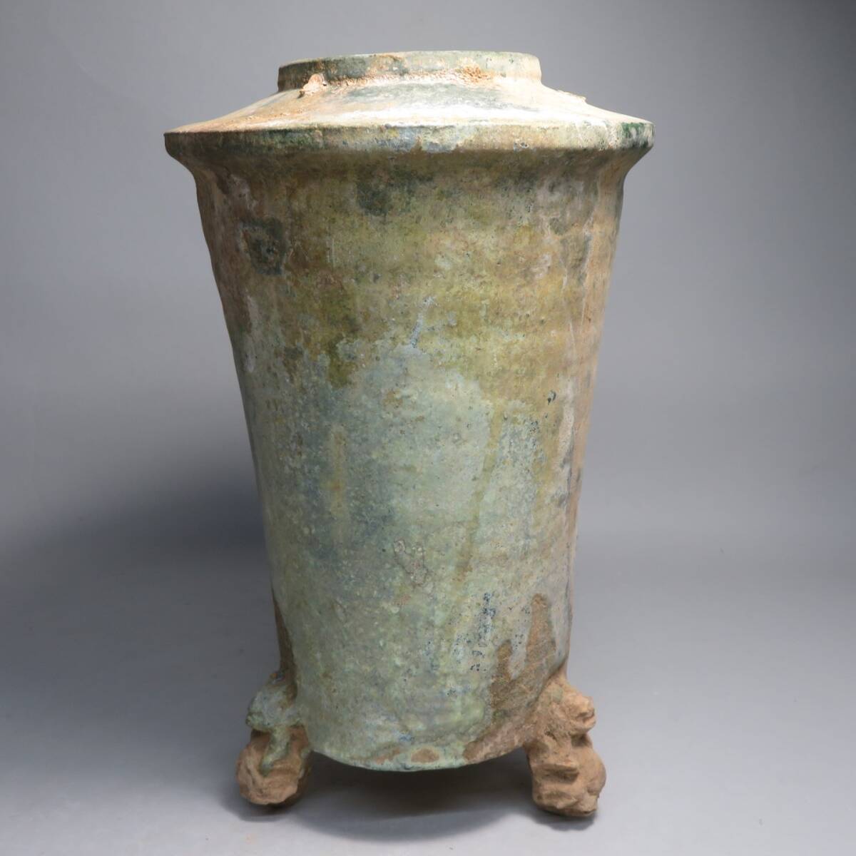 「都内コレクター所蔵品」 漢時代　緑釉三足穀倉壺　中国美術　東漢時代　◆加彩 花瓶 発掘 彩文土器 彩陶壺lot:112808_画像1