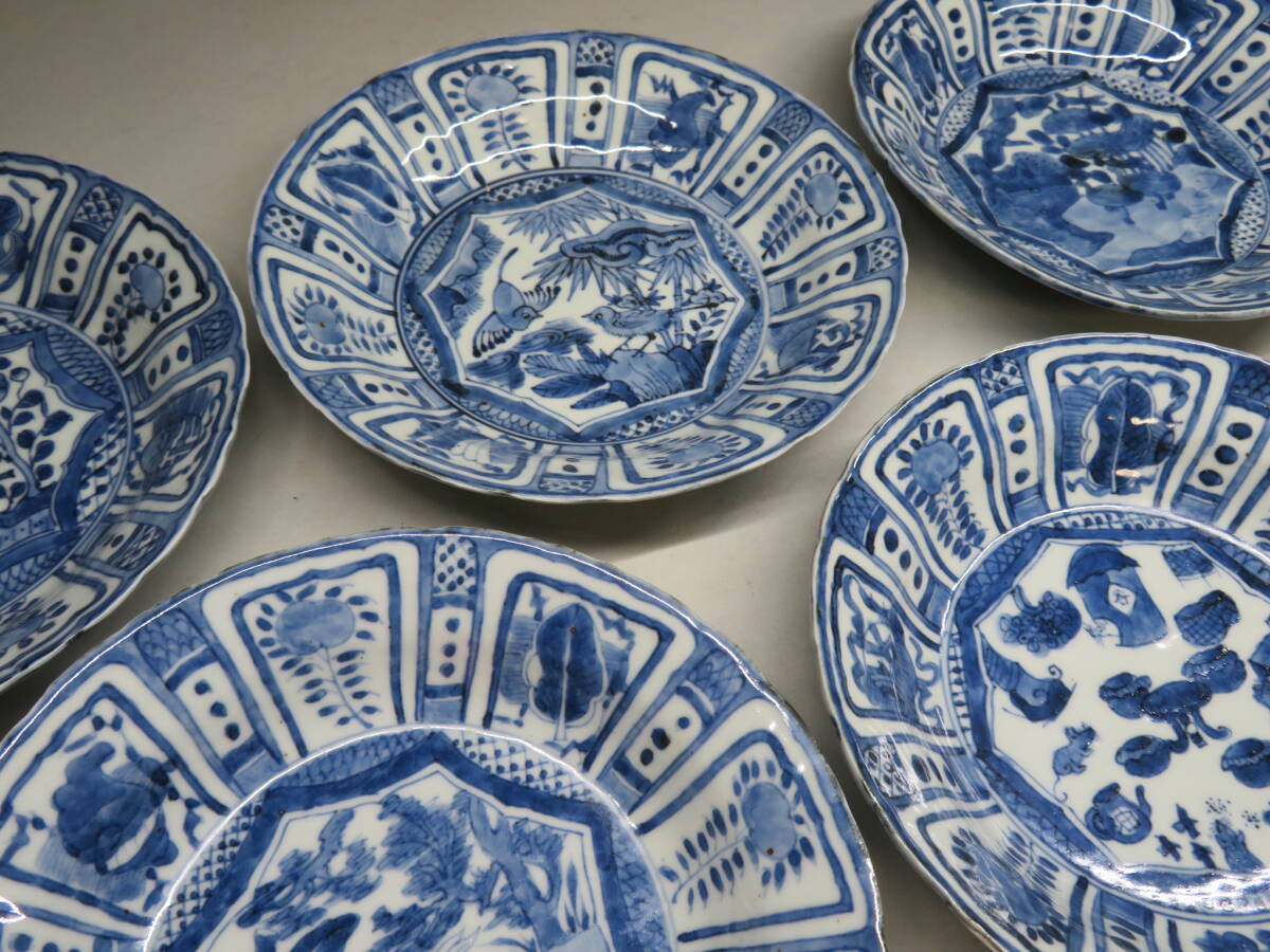 【東】明時代　古染付　芙蓉手青花小皿　5客　中国美術/古美術・骨董品　lot:0110604_画像2