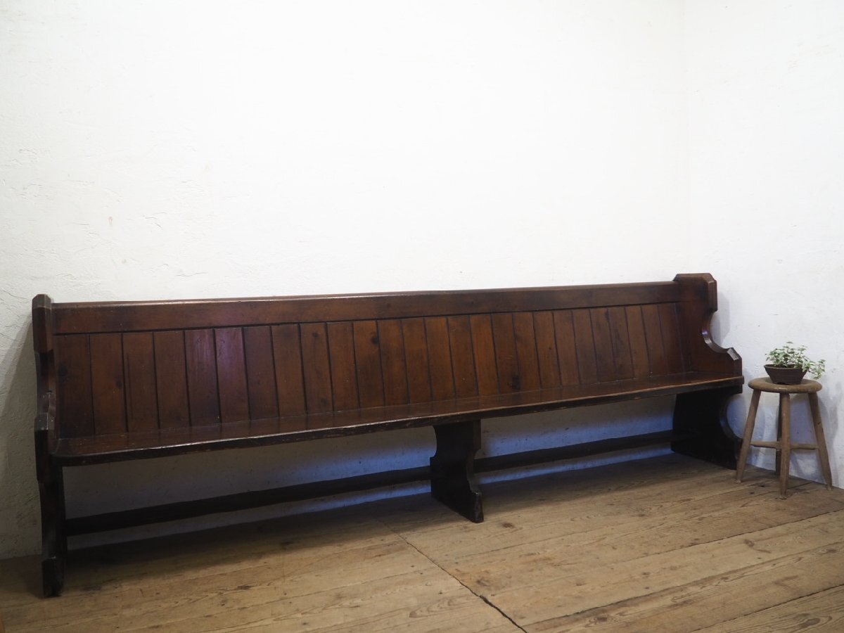 ta груз H0367*⑫W275cm* Англия античный * -слойный толщина . структура .. большой из дерева Church bench *.. стул стул стул магазин инвентарь retro W(yaG) сосна 