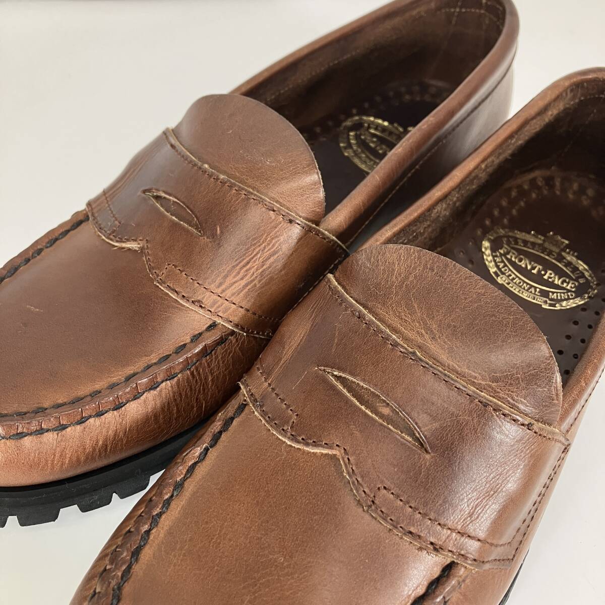 (志)FRONT PAGE/フロントぺージ レザー コインローファー サイズ7(約25cm) ブラウン 茶 ビジネスシューズ 革靴(I)1109B_画像9
