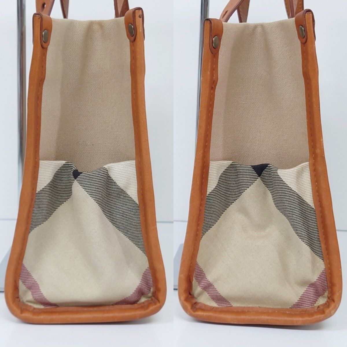 【K000】外観 美品 BURBERRY ハンドバッグ バーバリー トートバッグ ロゴ型押し キャンバス ベージュ系 ブランド カバン_画像4