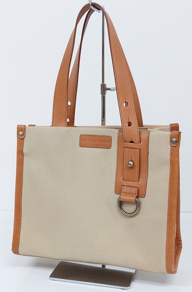 【K000】外観 美品 BURBERRY ハンドバッグ バーバリー トートバッグ ロゴ型押し キャンバス ベージュ系 ブランド カバン_画像1