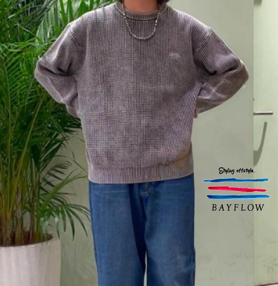 【新品】BAYFLOW Lサイズ フェードニット チャコール プルオーバー ベイフロー ワンポイント コットン セーター 秋冬_画像8